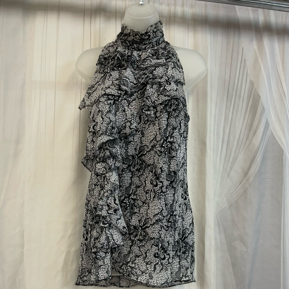 Office Business Casual Top Bisou Bisou Black and White Ruffled Blouse